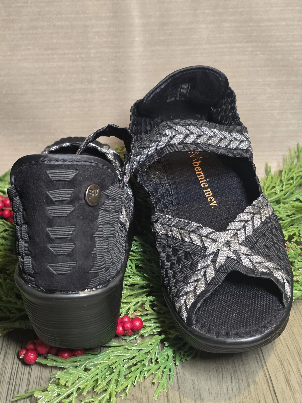 bernie mev. Women's Braided Hallie Wedges in Black/Pewter